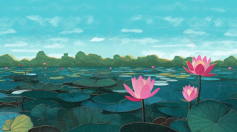 夏至唯美池塘里的荷叶荷花插画手绘背景,插画/手绘图,插画/手绘图库,插画/手绘图下载,插画/手绘